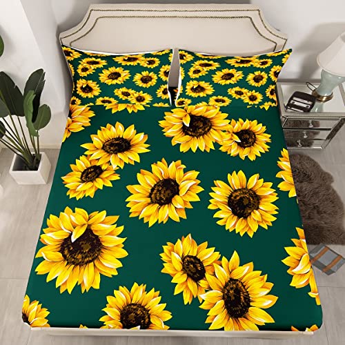 Erosebridal Sunflower Bed Sheets Queen Size 3D Floral Sheet Set For Kids Girls Women Adult Yellow Floral Fitted Sheet Botanical Flower Print Green Bedding Set Blossom Garden Deep Pocket #TOP1