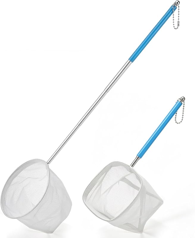 2 Pcs Fish Tank Net, Small Fish Net Aquarium, Fish Net for Fish Tank, Fine Mesh Small Aquarium Net with Extendable Long Handle for Shrimp & Bettas Aquarium Accessories (Square and Round)