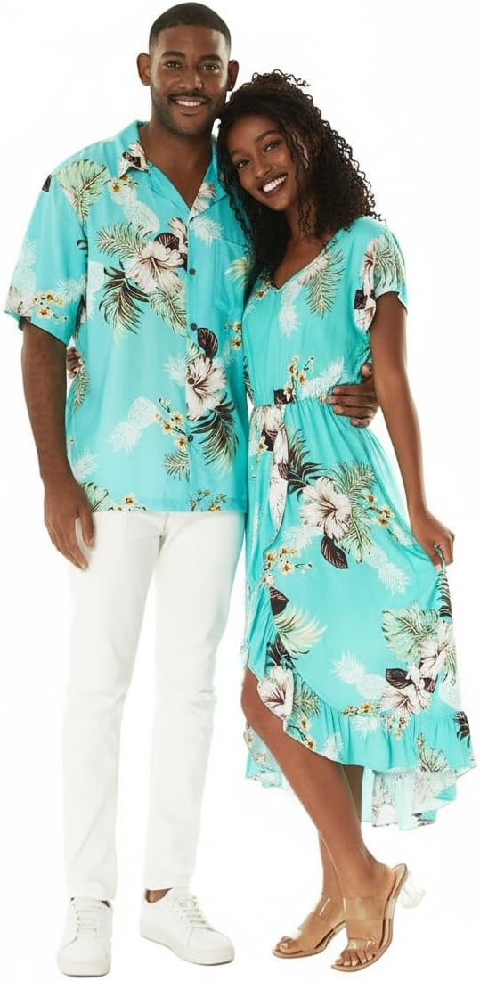 Matchable Couple Hawaiian Luau Shirt or Wrap Ruffle Dress in Pineapple Garden Turquoise