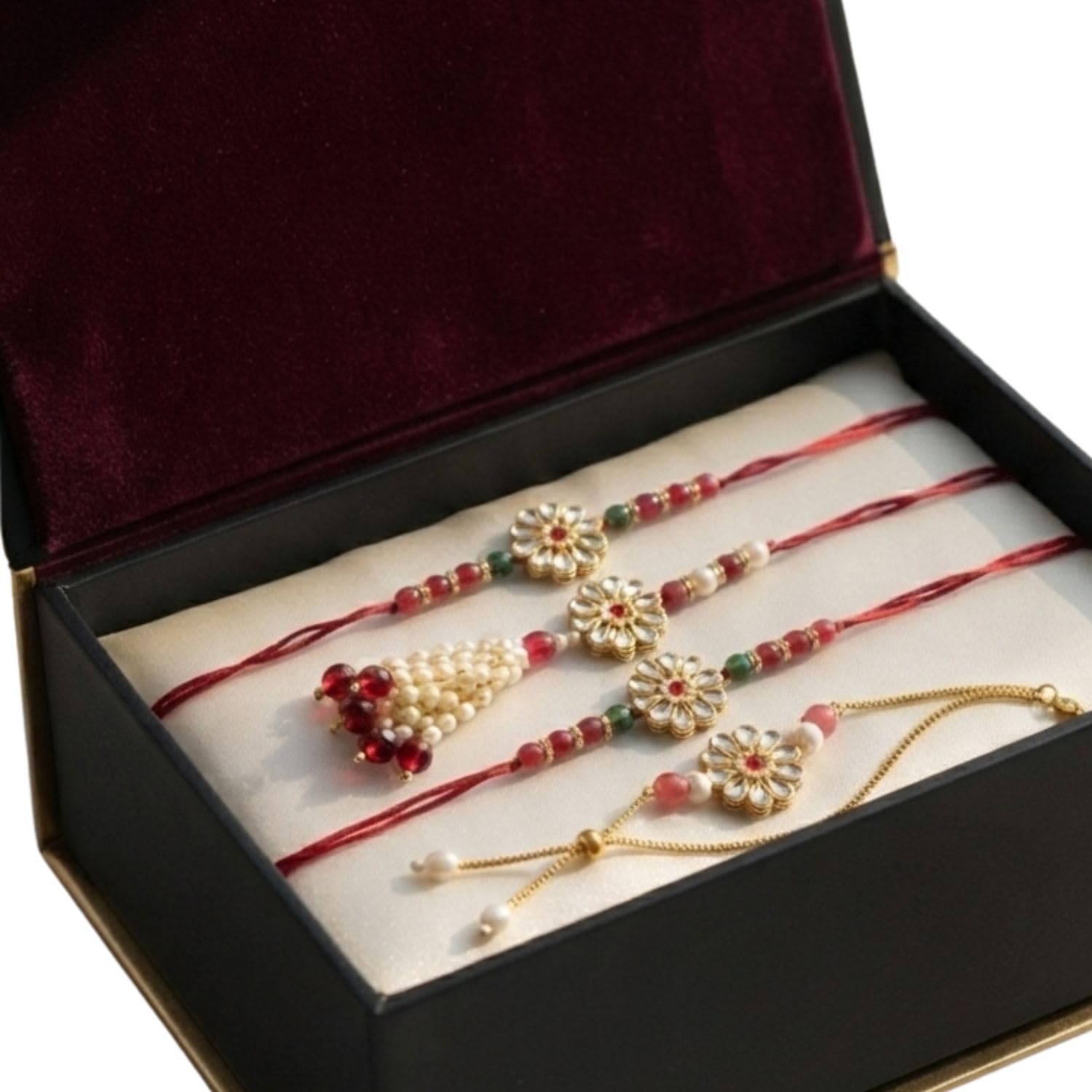 Premium Designer Rakhi Combo with Floral Stone Center Pearl Tassel and Adjustable Bracelet-image-22