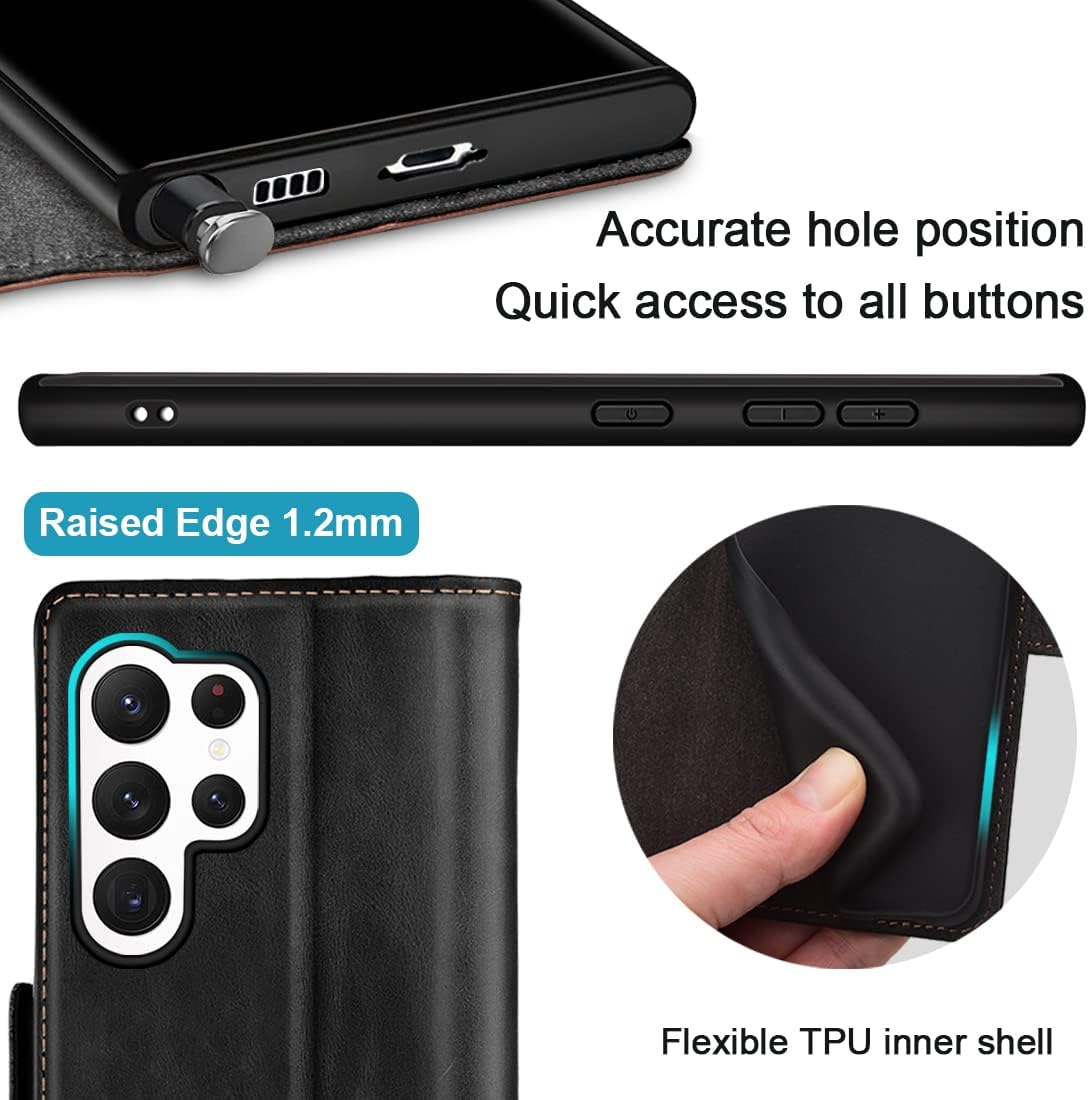 KEZiHOME for Galaxy S23 Ultra Case, Genuine Leather [RFID Blocking] Wallet Case, Card Slot Flip Magnetic Stand Cover Compatible with Galaxy S23 Ultra (Black/Brown) - Image 4