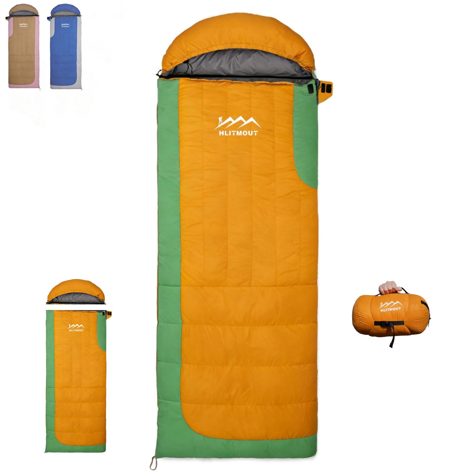 HLITMOUT Rectangular Down Sleeping Bag for Adults and Teenager,Lightweight Compact Sleeping Bag for 3 Season Camping,Hiking and Backpacking Outdoor (Orange, 500g down filling)