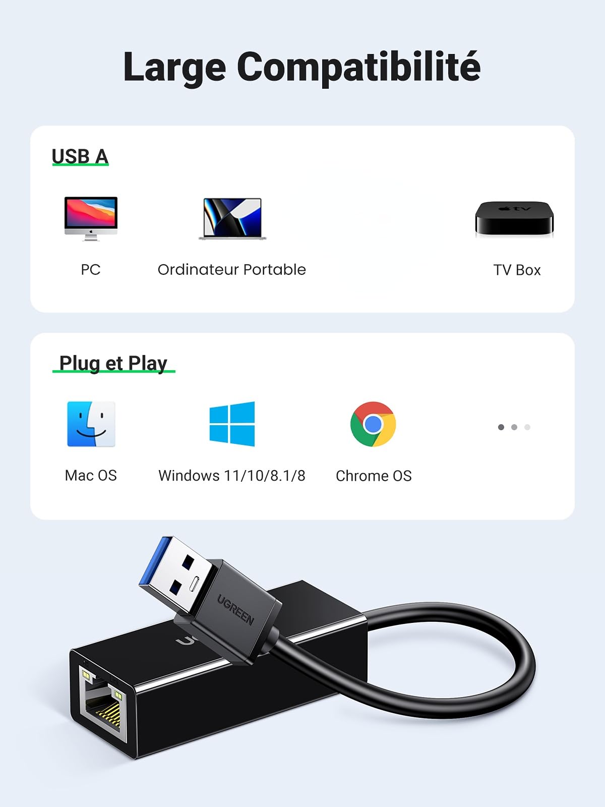 UGREEN Adaptateur USB 3.0 Ethernet Gigabit RJ45 1000Mbps Réseau LAN Noir