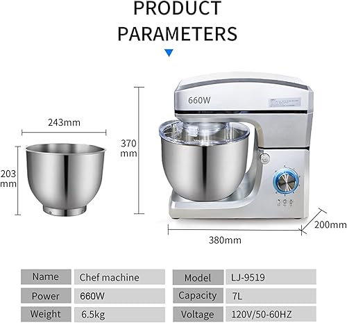 Miniatura 3 de Mezclador vertical de 110 V US Plug 7L, mezclador vertical de cocina comercial y doméstica de 660 W, mezclador de masa vertical de cabeza inclinable