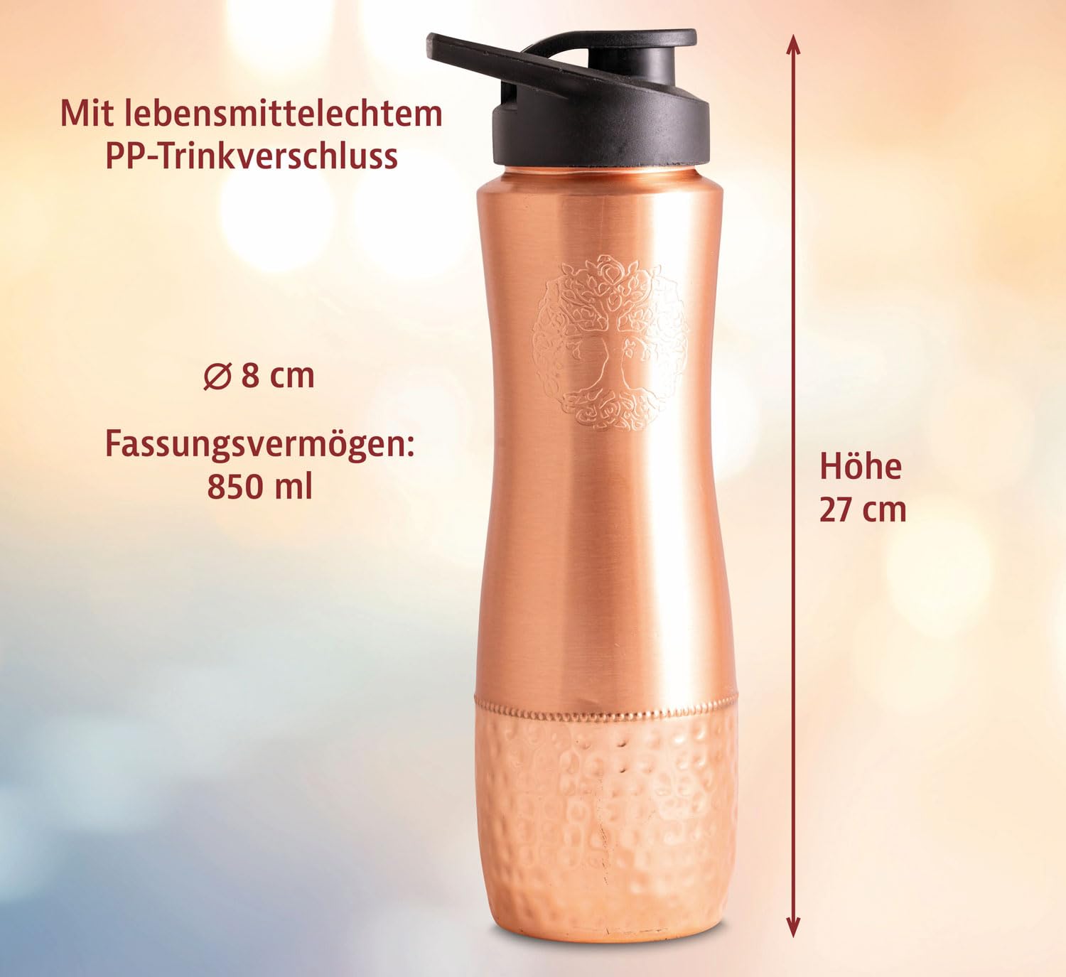 Kupfertrinkflasche mit Yggdrasil, 850 ml, mit PP-Trinkverschluss