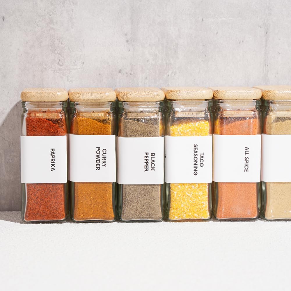 APT 1101 Glass Square Spice Jars with Labels, 4oz Glass Jars with Bamboo Lids, Spice Bottles, Seasoning Organizer, 12 Pack (White) - Image 9