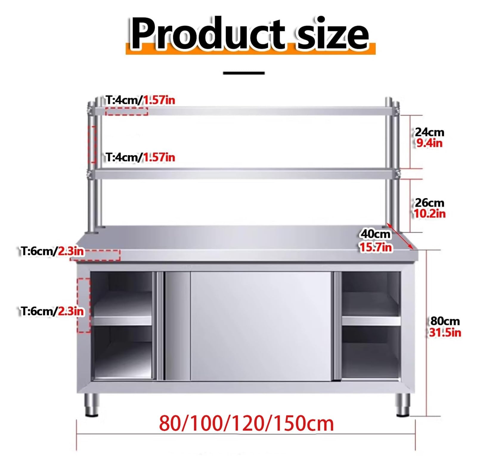 Tavolo in acciaio con armadio, tavolo da lavoro da cucina, con ante scorrevoli in acciaio inox, tavolo di preparazione per cucine commerciali e ristoranti, robusto banco da lavoro (150 x 50 x