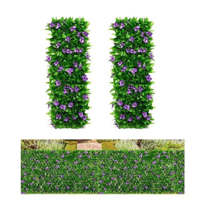 2Pcs Artificial Ivy and Violet Flower Fence Screening,Expanding Garden Trellis Panels for Balcony Patio Outdoor,Decorative Faux Ivy Fencing Panel,Artificial Hedges 40x200cm- Expanded (2)
