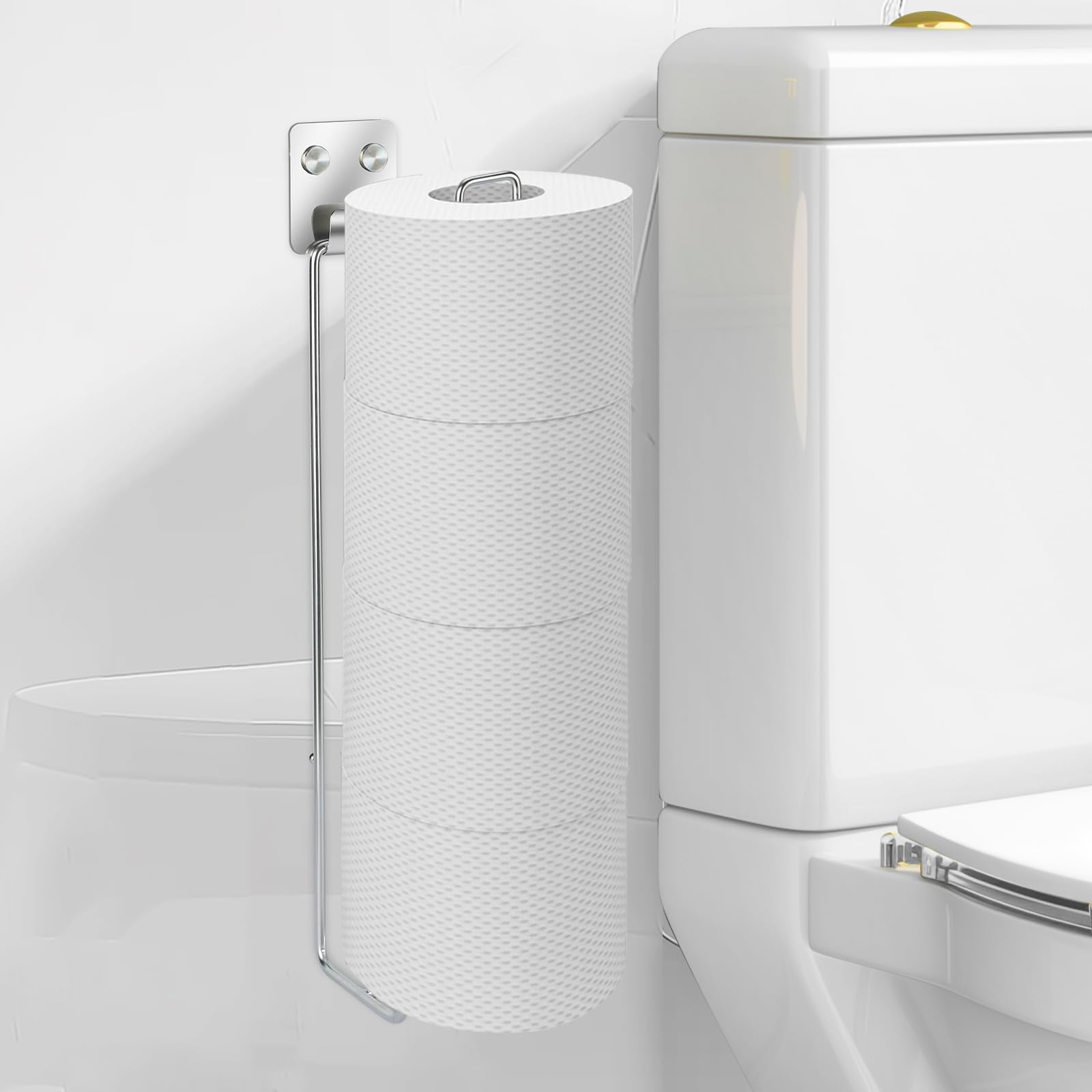 Soporte de pared para papel higiénico, almacenamiento de papel higiénico autoadhesivo para papel higiénico de 4 rollos de papel, soporte de papel higiénico sobre el tanque, de acero inoxidable para almacenamiento en el baño (plata, 1 unidad) 7