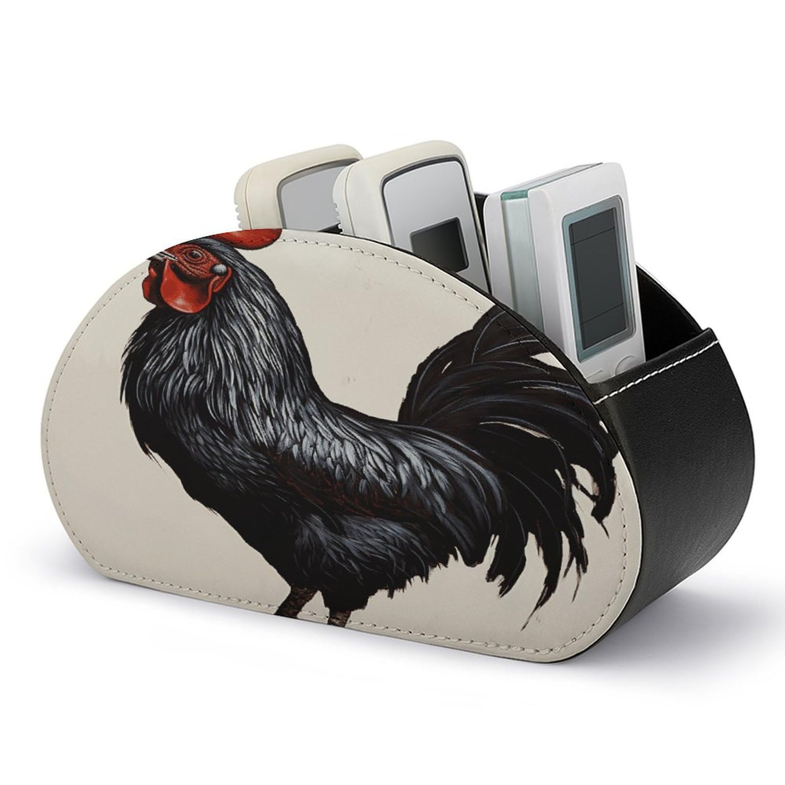 LZQPOEAS Black Rooster Remote Control Holder with 5 Compartments PU Leather Remote Organizer Box Caddy for Table Nightstand Remote Caddy Desktop Organizer Fits Media Controllers