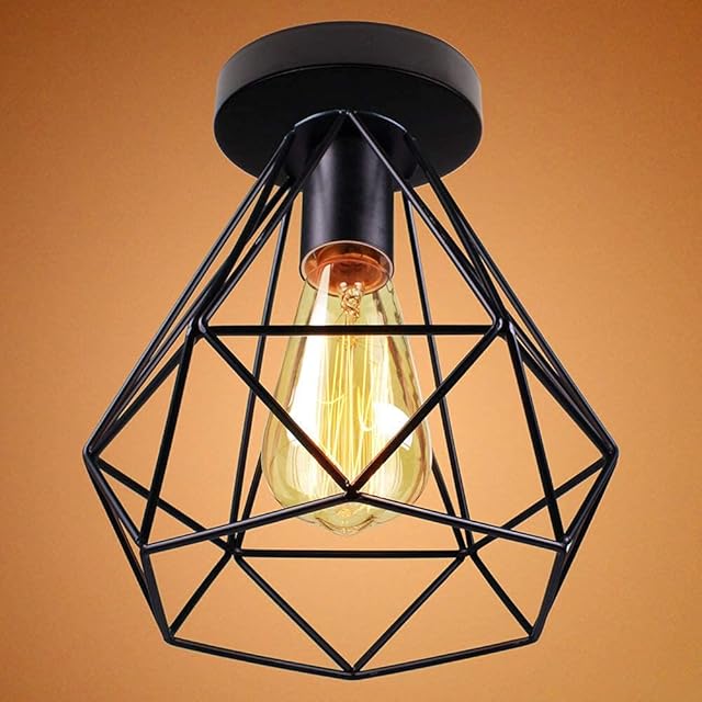 Mengjay Trade Retro Vintage Industrial Flush Mount Ceiling Light,Retro Pendant Lighting Hanging Ceiling Light Fixture Cage Lamp for Hallway Stairway Bedroom Kitchen (Bulb No Included) (Black) (F)