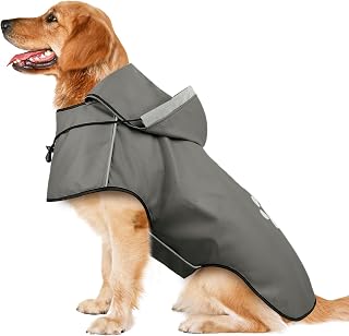 Dog Raincoat for Large Dogs, Reflective Dog Rain Jacket with Hoodie, Soft Lightweight Hooded Rain Coats with Adjustable Drawstring/Reflective Strip/Leash Hole, Waterproof Rainwear for Dog (Grey, XL)