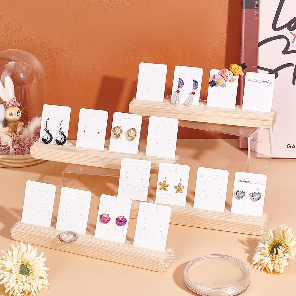 PH PandaHall 4 Set Wooden Earring Display Stands, 20cm/7.9 inch Jewelry Display Boards Earring Card Holder with 16pcs Display Cards for Earring Jewelry Photos Business Cards Tabletop Shows