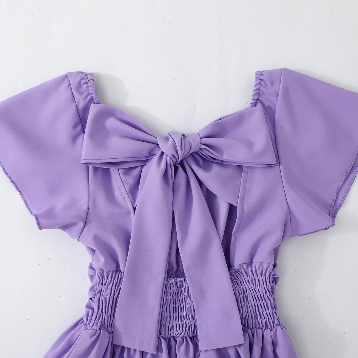 Magic Park 4-15Y Kid Flutter Sleeve Dress Square Neck Tie-Back Dresses Off Shoulder Dress Tween Girl Solid Color A-line Skirt - Image 4