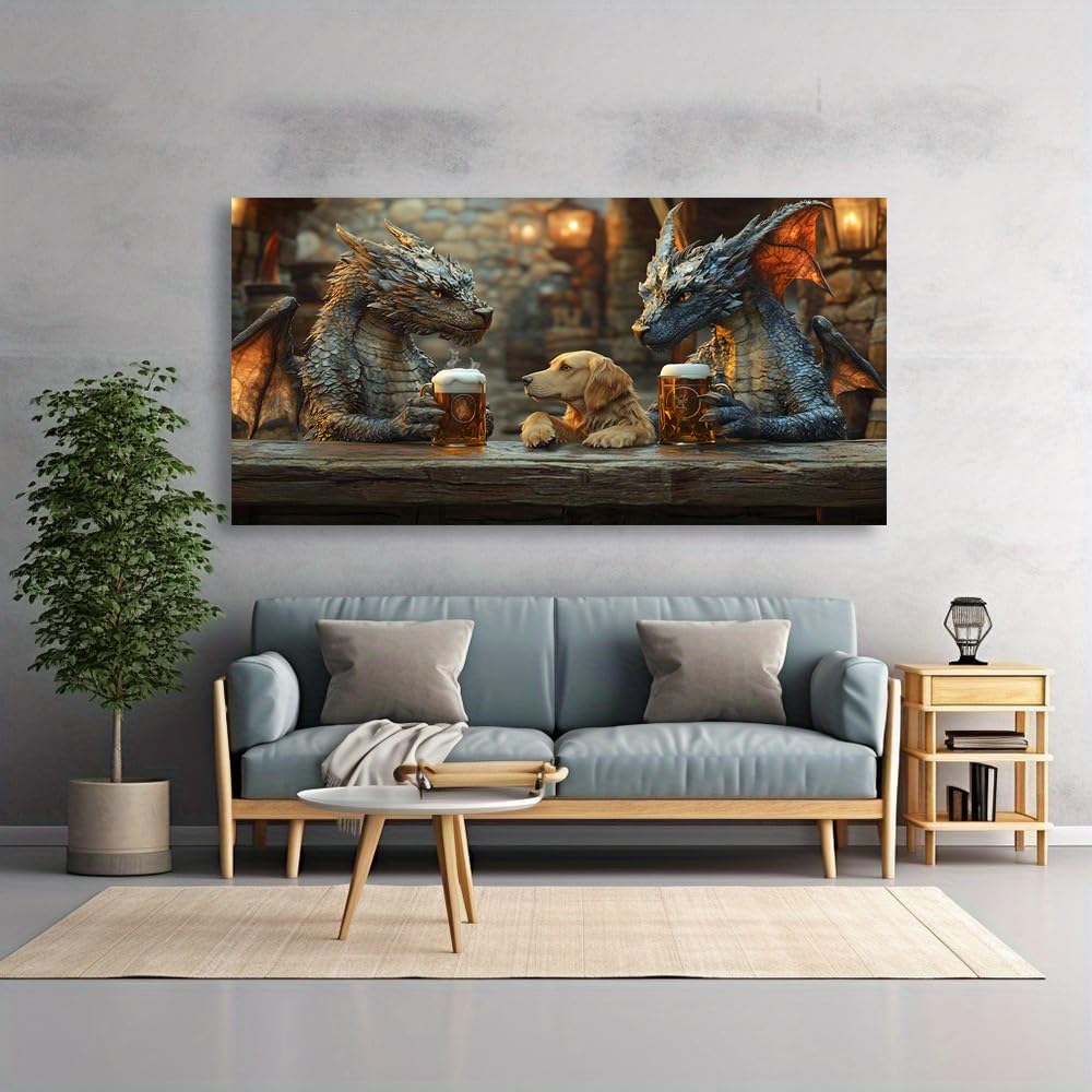 CWZBFEH Modern Dragon Pub Abstract Canvas Wall Art - Vibrant Fantasy Pub Scene, for Living Room(55x110cm/No frame)