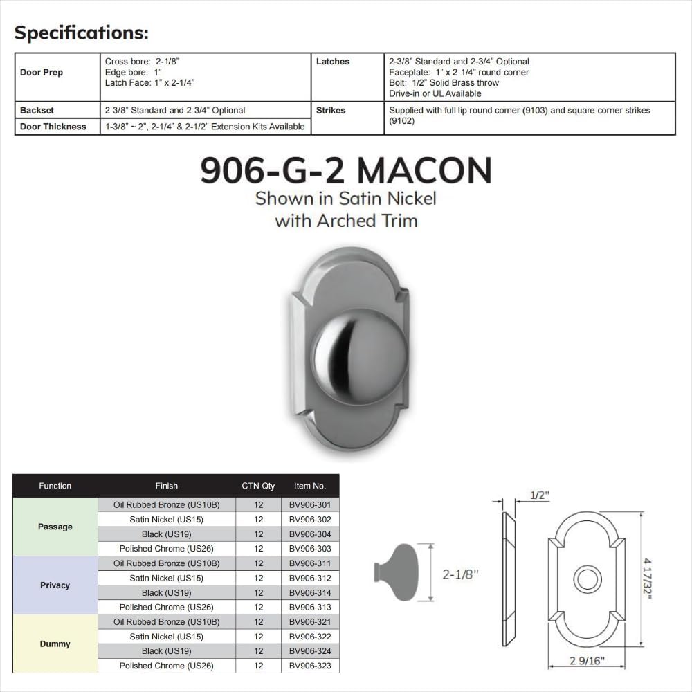 Delaney Hardware Bravura 906 Macon Knob Passage Lockset with Modern Arched Trim Scratch Resistant Door Knob for Hallway/Office, Matte Black