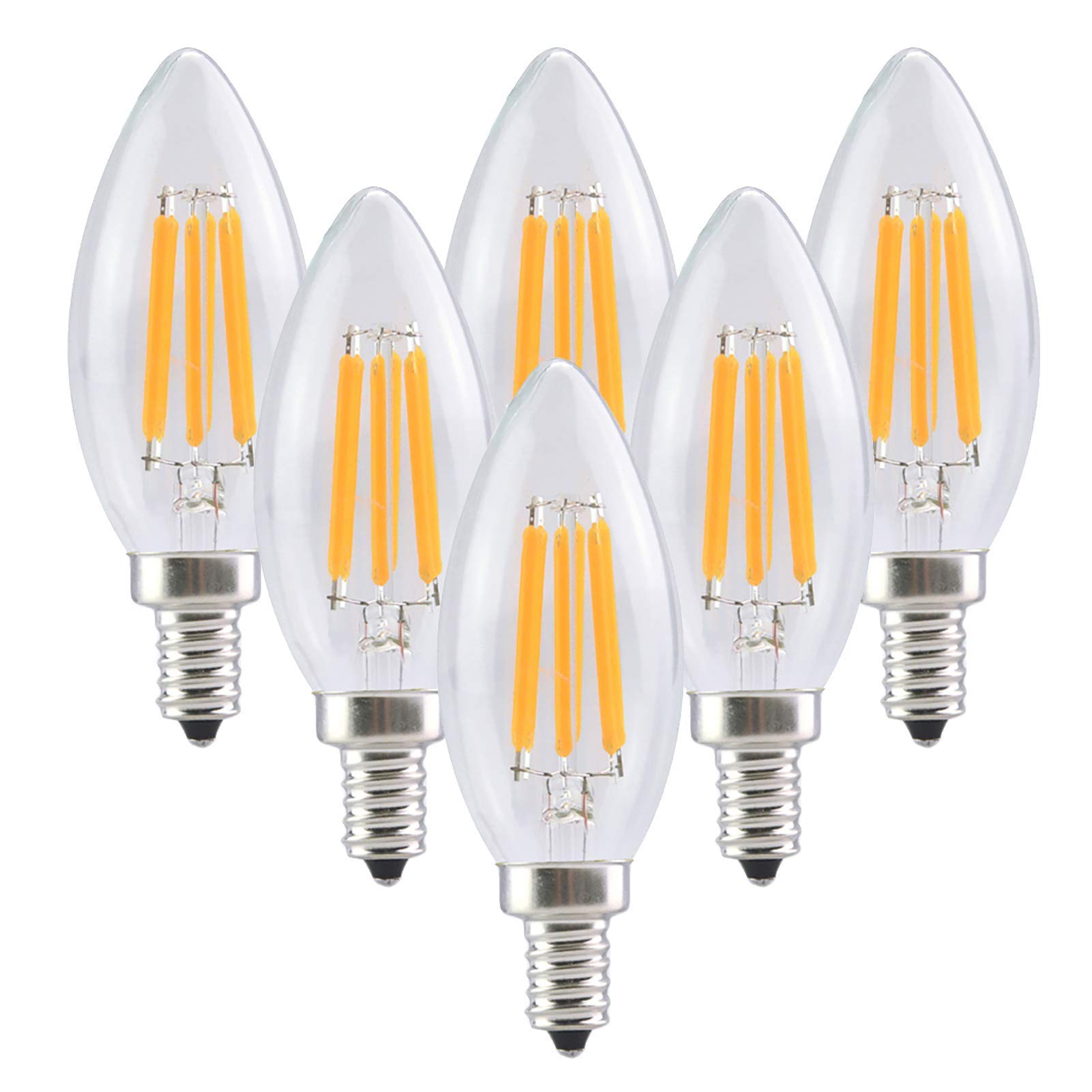 L'ampoule bougeoir LED à intensité variable 6 pièces équivaut à 60 W, 600 lumens, culot bougie B11, ampoule rétro à filament LED 6 W C35, verre transparent, convient ventilateur plafond, blanc chaud