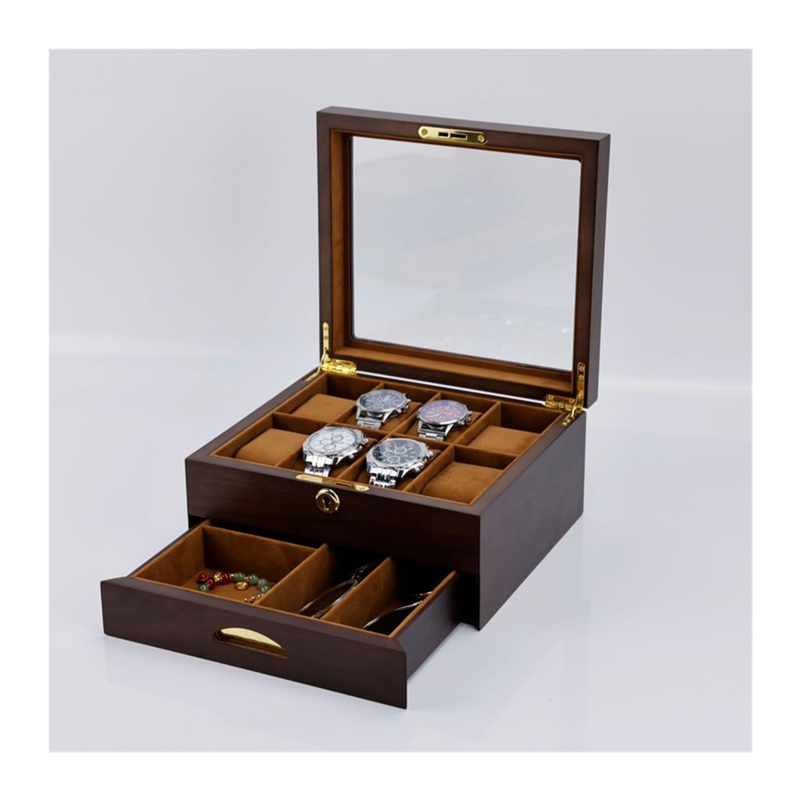 1 Stück schwarze Walnuss-Uhrenbox mit 6 Fächern, Glasdeckel und Schublade | Uhrenbox aus schwarzem Walnussholz mit 6 Fächern, doppellagiger Organizer aus Holz mit Glasdeckel(LuxWalnut10WatchBox)