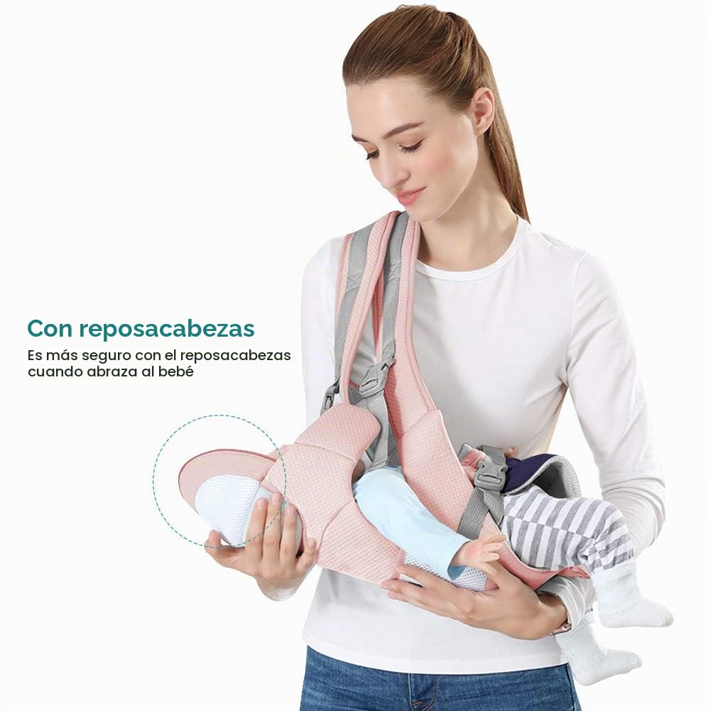 Portabebes Ergonómico con Asiento, de puro algodón transpirable y ligero, Porta Bebes Recien Nacidos de 0 a 36 meses (inferior a 25 kg), con reposacabezas y capucha, rosa