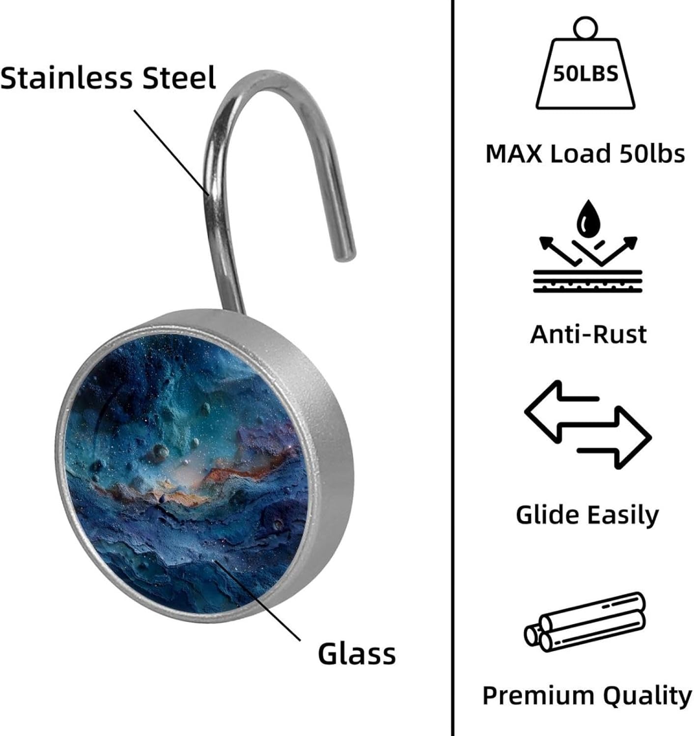 Set of 12 Outer Space Shower Curtain Hooks, Stainless Steel Rust-Resistant Decorative Hanger Rings