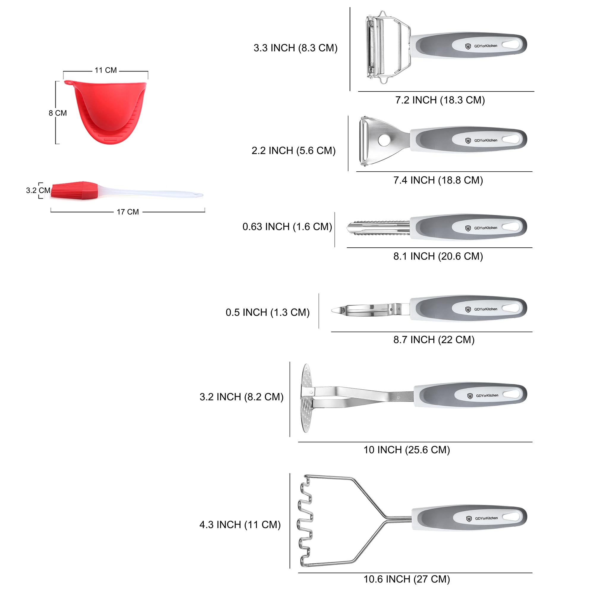 Kartoffelstampfer und Schäler aus Edelstahl, Set (6 Stück, grau) – inklusive Kartoffelstampfer, Drahtstampfer, Mehrzweckschäler, komfortabler Griff für Küche, inklusive Silikonbürste und Ofenhandschuh