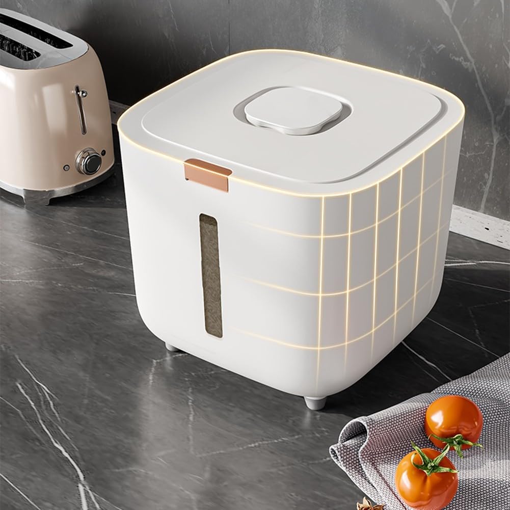 Boîte de rangement pour riz avec technologie anti-humidité, joint résistant aux parasites et distributeur de presse pratique pour le stockage des grains frais et propres (20 kg)