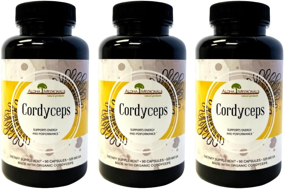 Pure Cordyceps, Certified Organic Mushroom Supplement, Supports Immunity and Energy, Pack of 3, 90 Capsules Each
