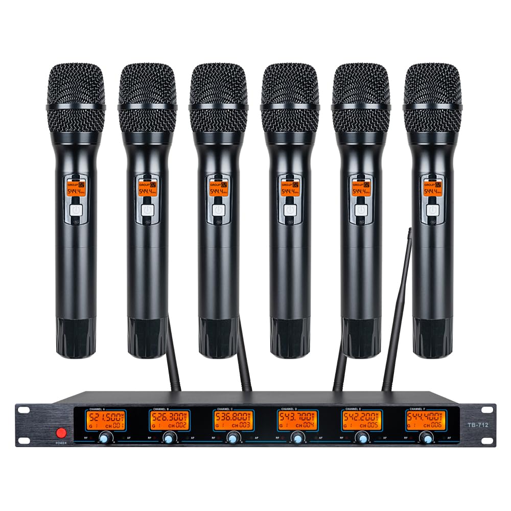 Wireless Microphone System 6-Channel Whole Metal Mic Hand-held Microphones UHF for Karaok…