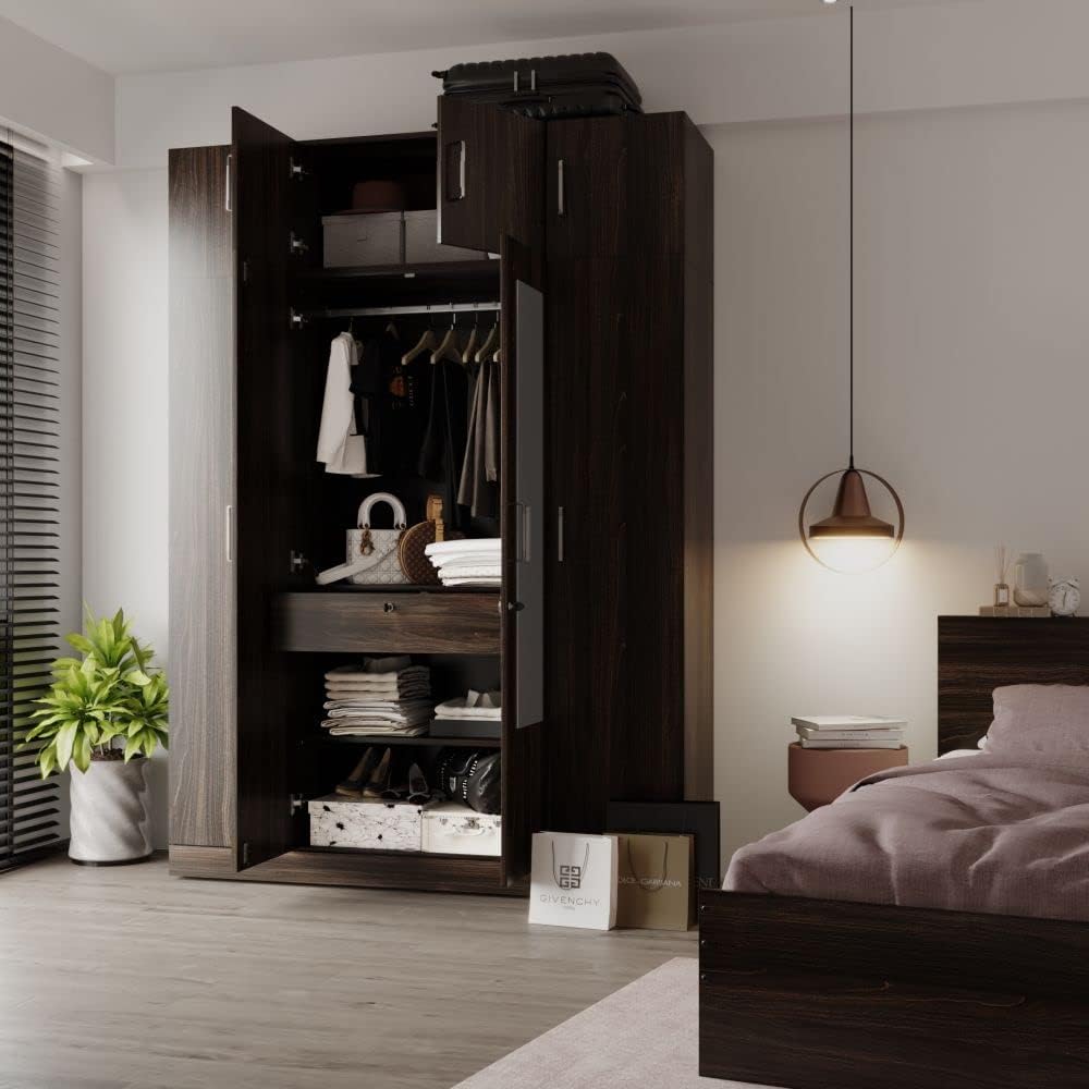 Wakefit Wardrobe | 1 Year Warranty | Engineered Wood Almirah, Cupboard for Clothes Storage | 4 Door, Mirror, 1 Drawer, Loft, 1 Hanging Space | Gingham - Dark Brown
