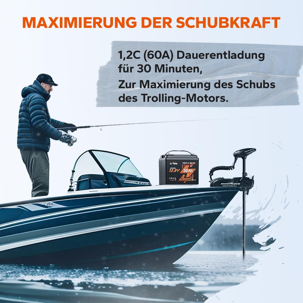 LiTime LiFePO4 12V 50TM Bluetooth Tieftemperaturschutz LiFePO4 Lithium Batterie, 50A BMS, Max. 15000 Zyklen, Perfekt für Trolling Motoren, Marine, Boot, Yacht, RV, Fishing Finder
