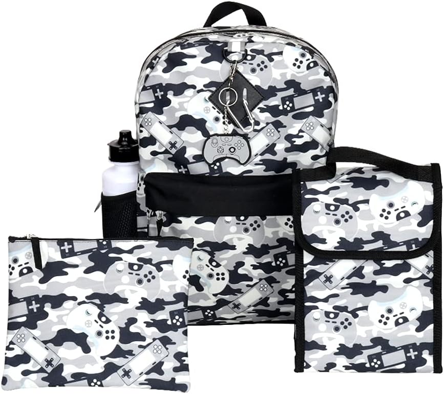 RALME Grey Gaming Camo Backpack Set for Boys & Girls, 16 inch, 6 Pieces - Includes Foldable Lunch Bag, Water Bottle, Key Chain, & Pencil Case