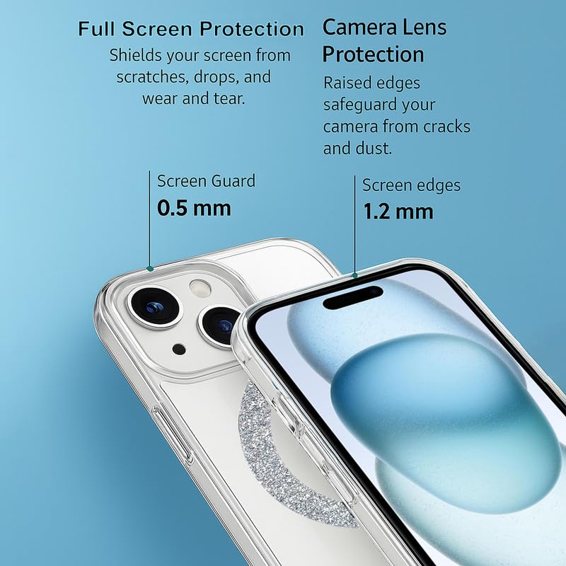Image of AIBEX Back Cover Case Compatible with iPhone 15 | Glitter Ring Cute Shiny Colorful Bling Case (Compatible with Magsafe) | Transparent PC+TPU Glossy Shiny Cover for Girls & Women - Silver