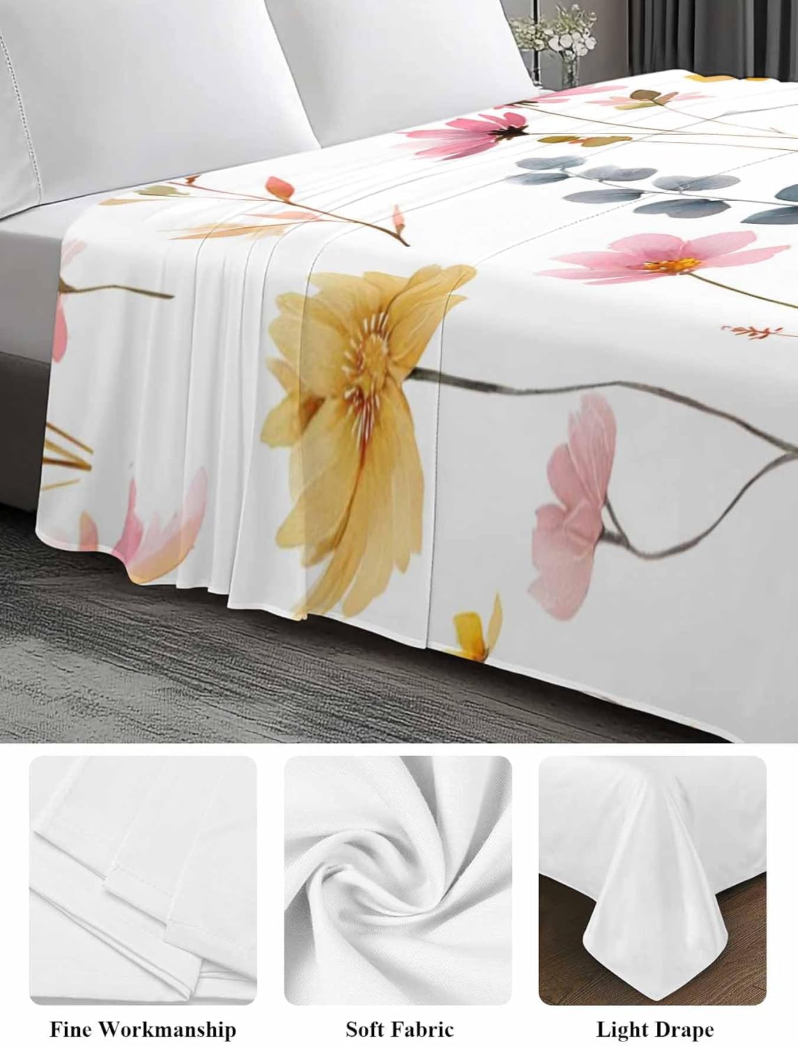 Top Sheet Full Bedding Flat Sheet Only, Pastoral Pink Yellow Floral Microfiber Bed Sheets Soft Breathable Bedding Flat Sheets, Watercolor Wild Flower Hotel Luxury Top Sheets