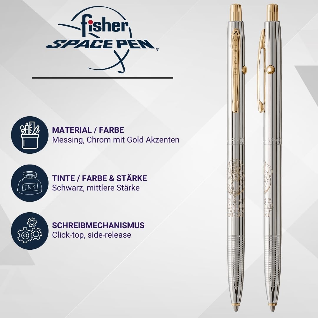 Fisher Space Pen Shuttle CH4-CES Kugelschreiber-Set (Geschenk-Set mit Sammlermünze – ideal für Raumfahrt-Fans, schreibt im Weltall, unter Wasser und bei extremen Temperaturen) Chrome