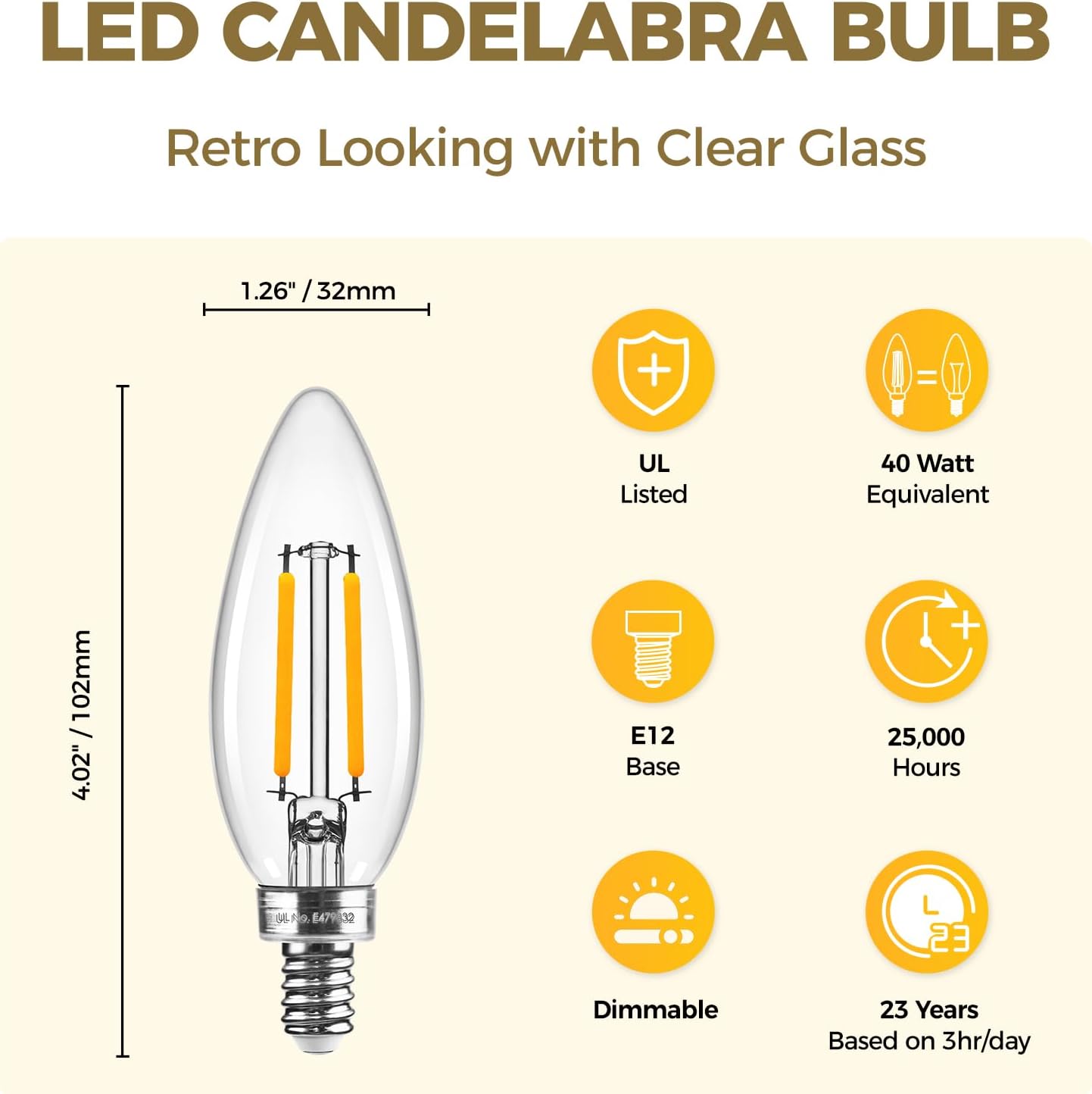 Hizashi E12 Candelabra Light Bulbs 40 Watt Equivalent, E12 LED Bulb Chandelier Light Bulbs 2700K Soft White, Dimmable LED Candelabra Bulbs, B10, 90+CRI, 4W, 450LM, UL Listed, 24 Pack