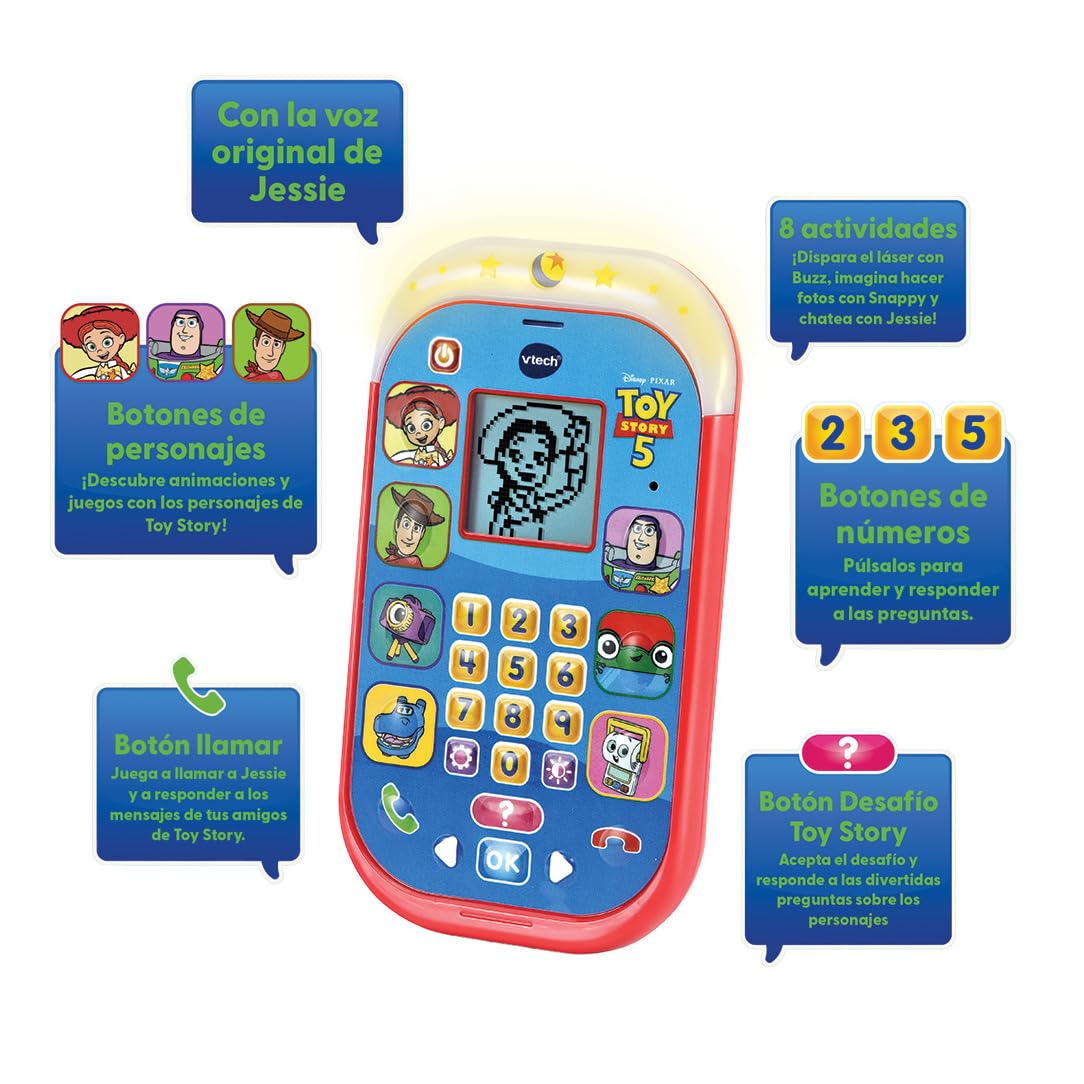VTech - Toy Story 5 Telefono Educativo, Giocattoli Elettronici Bambini +3 Anni, 8 attività, Tastiera 10 Figure e Voce Originale di Jessie, Versione ESP