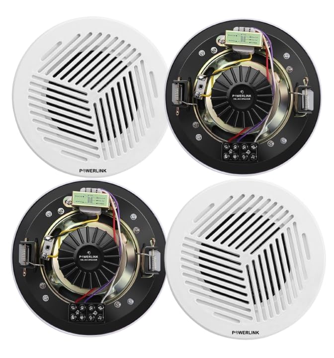 Powerlink 5-Inch 6-Watt Wired in Flush Mount Ceiling Speakers for Office, Kitchen, Home Theater, Covered Porches (Pack of 4, ABS Plastic Grill)(with LMT)