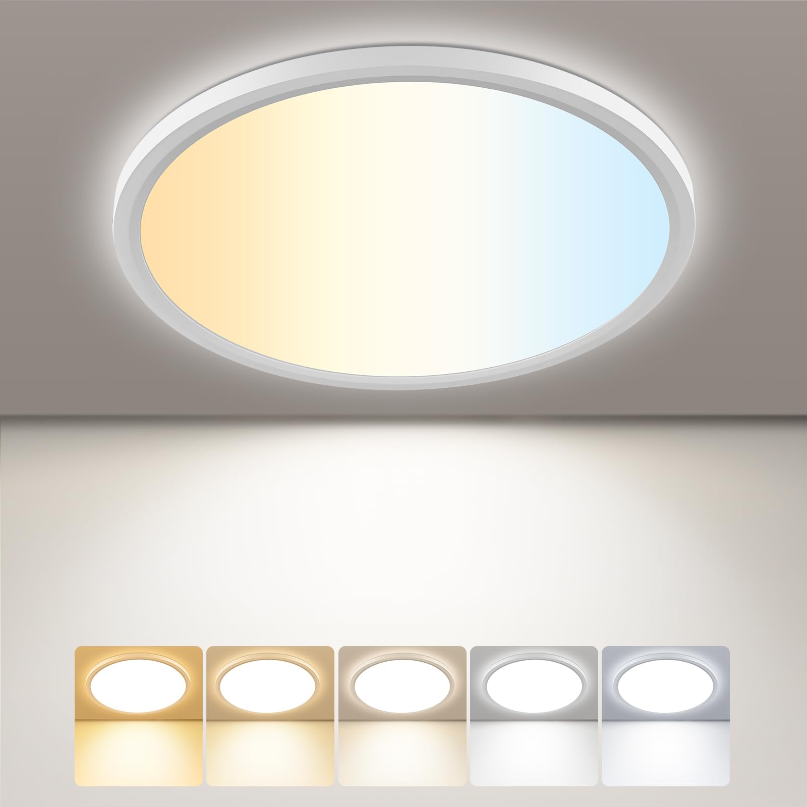 Zoye Bathroom Light, 3000K/4000K/6500K 5 Color Temperature, Waterproof IP44, Small, Round, Modern, Flush Ceiling Light for Bathroom, Kitchen, Bedroom, Hallway and More (White, 18cm-1 Pack)