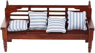 Vctitil 1: 12 Scale Doll House Furniture Miniature Model Vintage Wooden Long Sofa and Lying Chair with 4 Mats Doll House Decoration