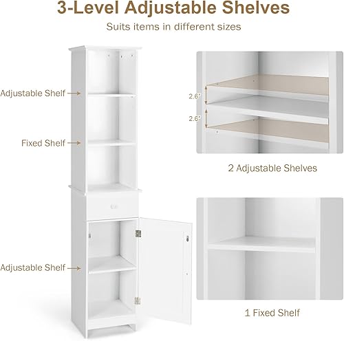 Miniatura 5 de Tangkula Armario alto de baño, gabinete de almacenamiento delgado con estante de 3 niveles, cajón y torre de lino cerrada y estrecha, estantes