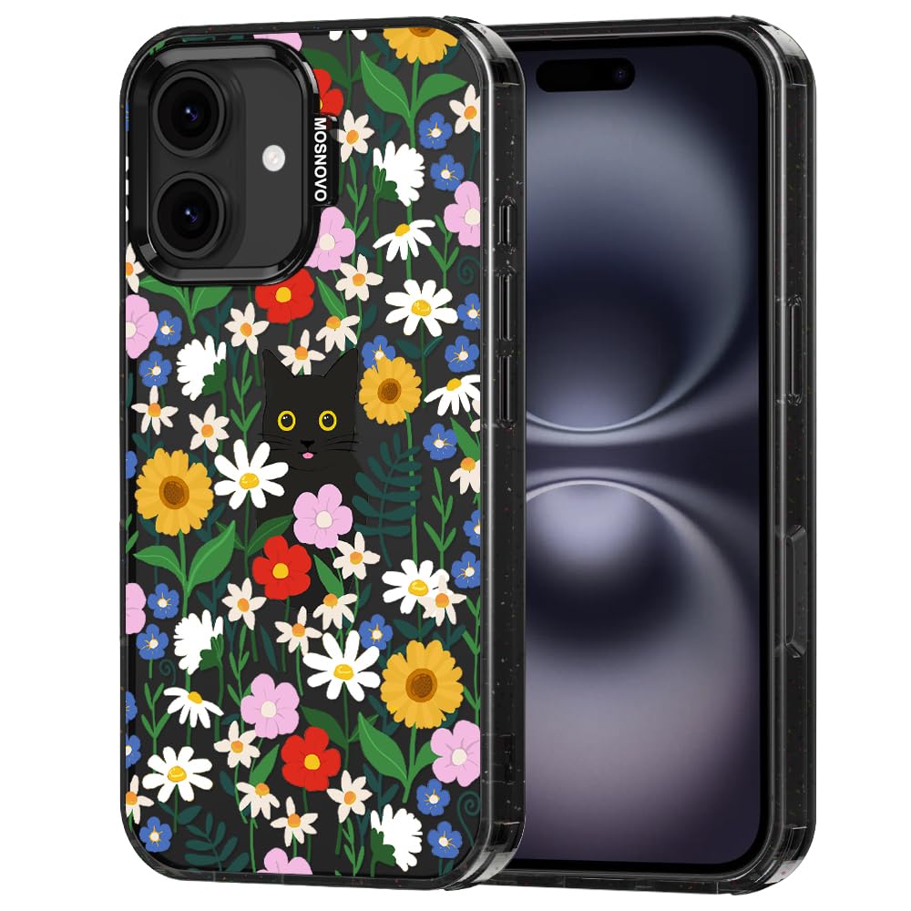 MOSNOVO Case for iPhone 16, [10ft 4X Military-Grade Drop Protection] Durable & Shockproof Phone Case Cover Design for iPhone 16 - Black Cat in Garden