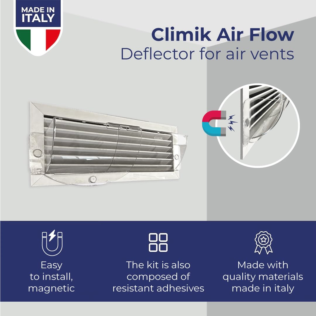 Deflettori d'Aria Regolabili Climik (Confezione da 2) – Estensione da 20 a 42 cm, Plastica ad Alta Trasparenza, Fissaggio Magnetico per Bocchette da Pavimento, Parete e Soffitto – Made in Italy