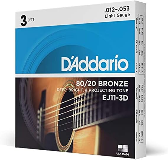 D'Addario Acoustic Guitar Strings, 80/20 Bronze, EJ11-3D, Light Gauge 12-53, 6-String Set, Pack of 3
