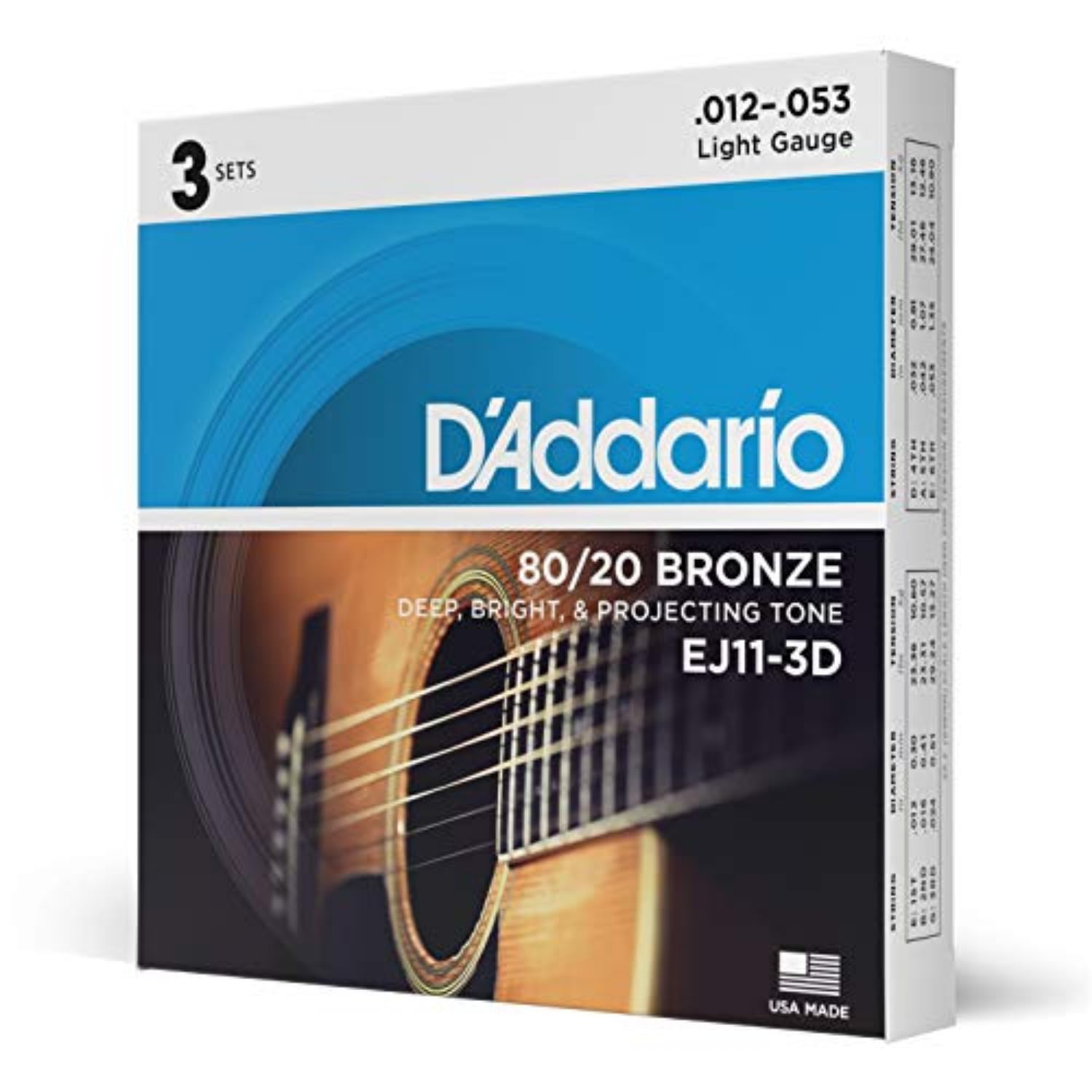 D'Addario Acoustic Guitar Strings, 80/20 Bronze, EJ11-3D, Light Gauge 12-53, 6-String Set, Pack of 3