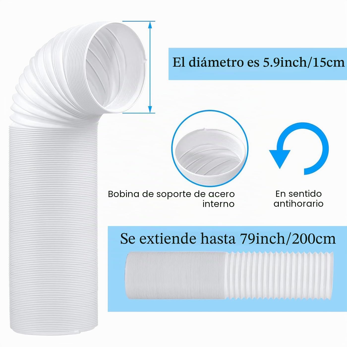 Kit de ventilación de ventanas de aire acondicionado portátil, sello de ventanas de aire acondicionado con mangueras de escape de aire acondicionado de 15cm de diámetro, longitud ajustable de 43-144cm