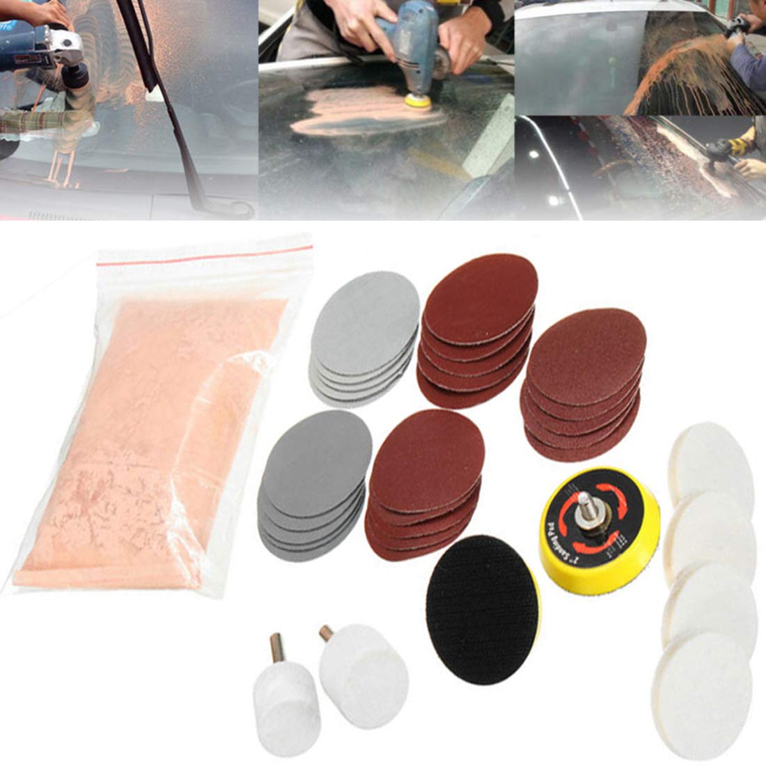 100 Grm, Light Pink, 33 Pcs Deep Scratch Remover Car Glass Headlight Windshield Polishing Kit 3'' Wheel Cerium Oxide Cream Car Window Repair Polishing TREO (100 Grm, Light Pink)