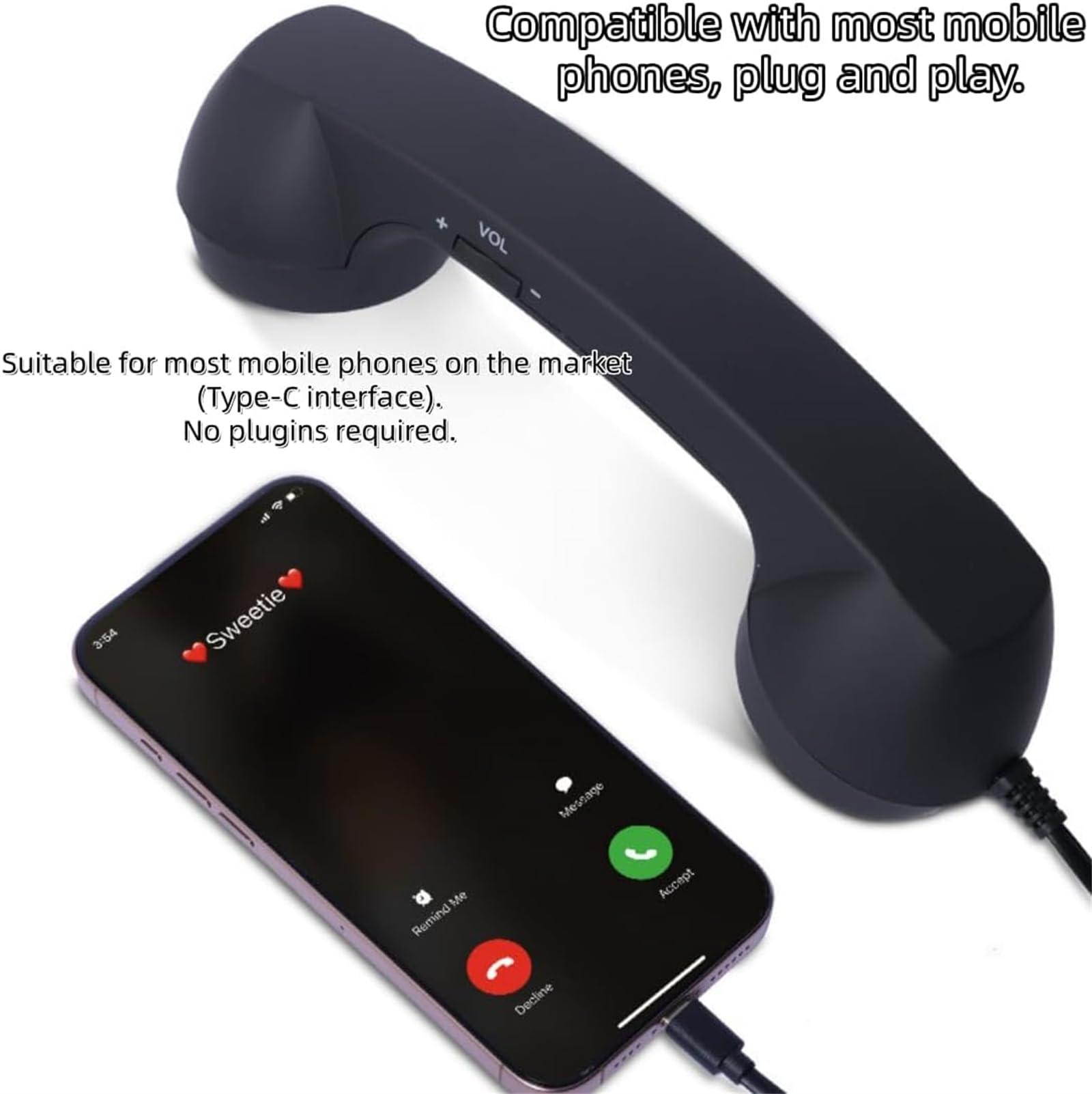 Auricular de Teléfono Retro Mejorado 2026, Auricular de Teléfono Retro con Cable Tipo-C, Receptor de Teléfono Móvil Clásico con Cable Enchufable de Mano, Atrezzo de Estilo Años 90 para Fotos, para — view 4