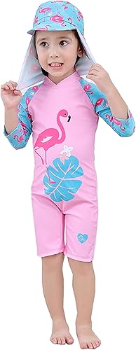 stylesilove Little Girl Pink Flamingo One-Piece Rash Guard Swimsuit with Sun Hat 2pcs Set Bathing Suit Beach Siwmwear(Flamingo / Tropical,5)