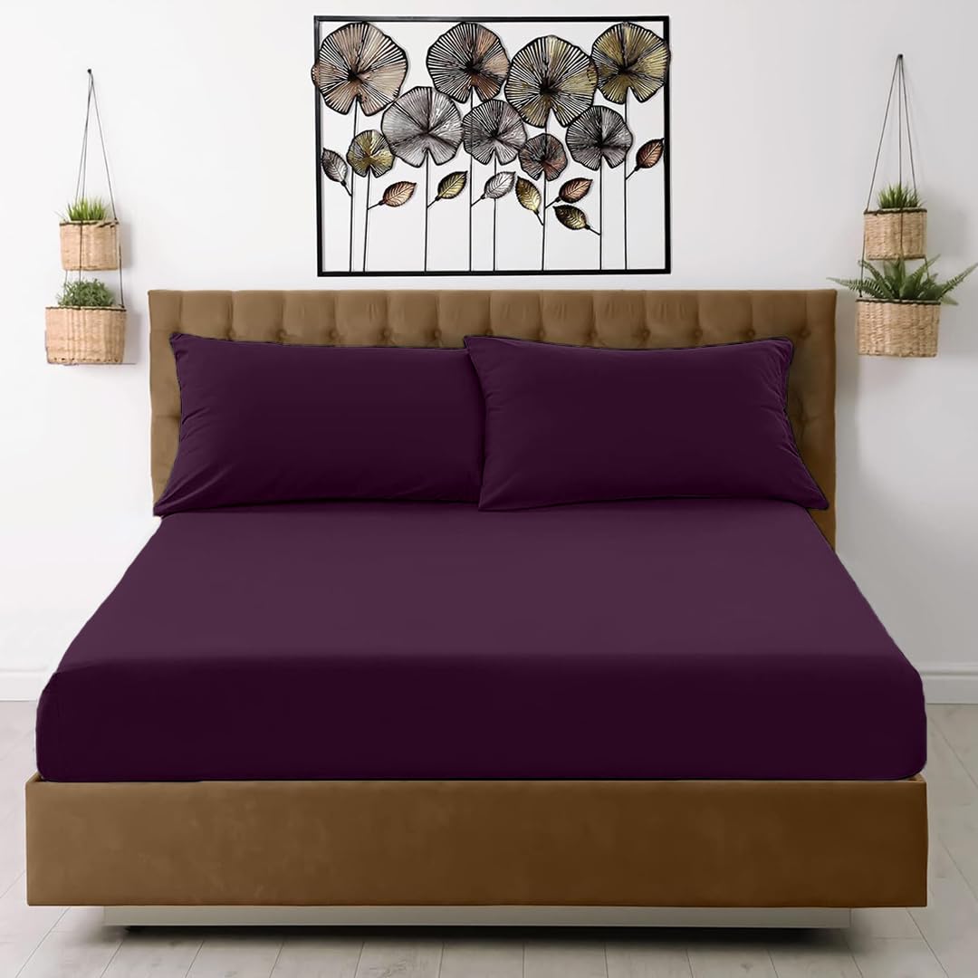 EGYPTO 16" Plain Dye Deep Fitted Sheet - 40cm Depth (Double Bed, Plum)