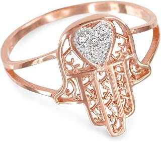 10k Rose Gold Diamond Pave Heart Filigree Hamsa Ladies Ring
